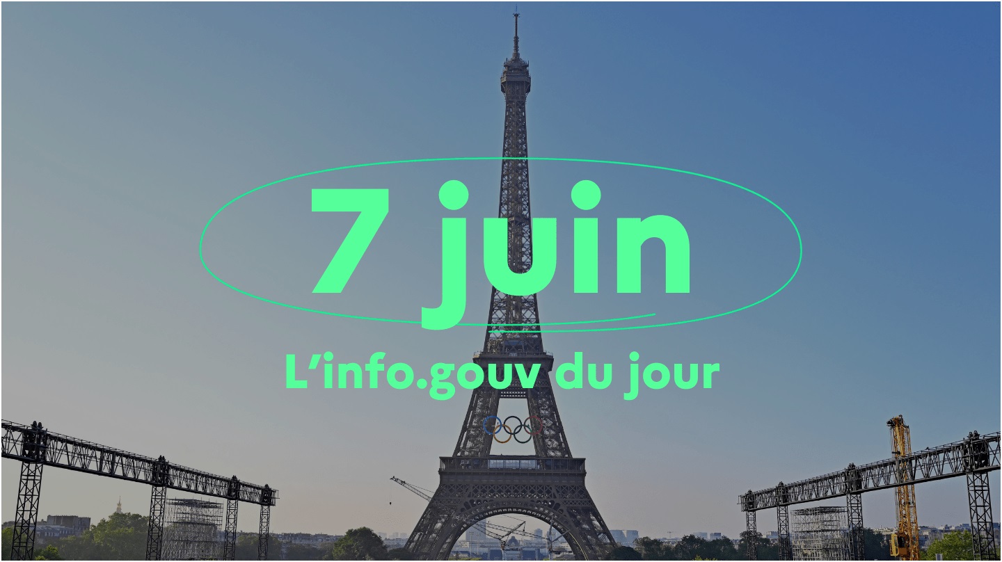 Une vue de la tour Eiffel ornée des anneaux olympiques, avec « 7 juin, l'infogouv du jour » écrit en vert.