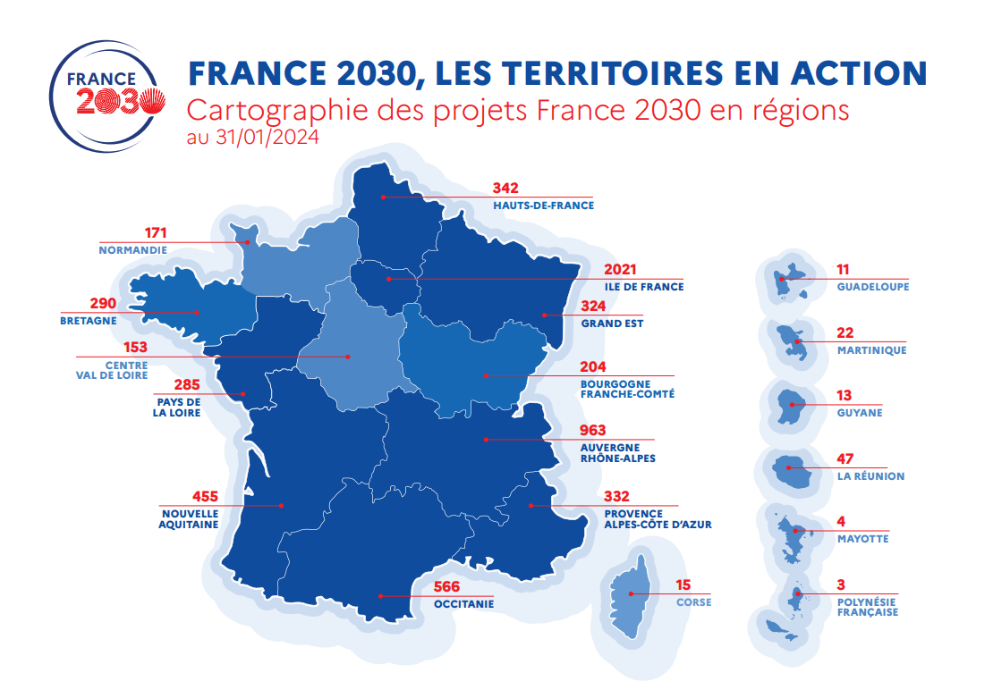 Cartografía de los proyectos de Francia 2030 en las regiones