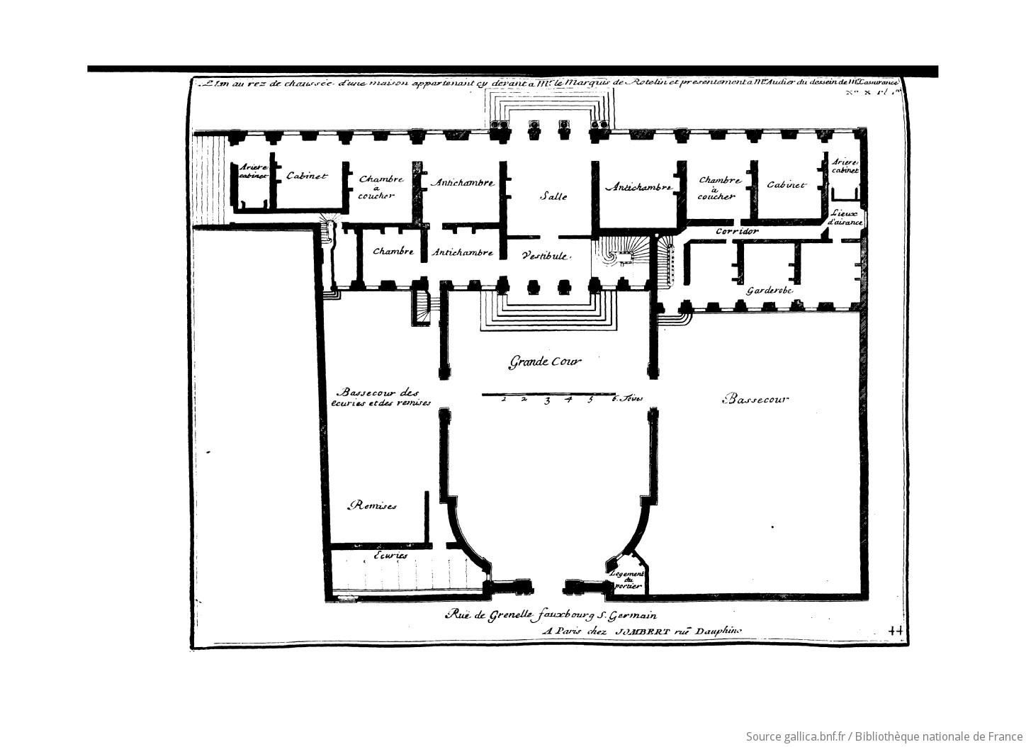 Plan de l’Hôtel de Rothelin avant 1736. Jacques-François Blondel, Architecture françoise, ou Recueil des plans, élévations, coupes et profils des églises, maisons royales, palais, hôtels ; édifices les plus considérables de Paris.... T.1