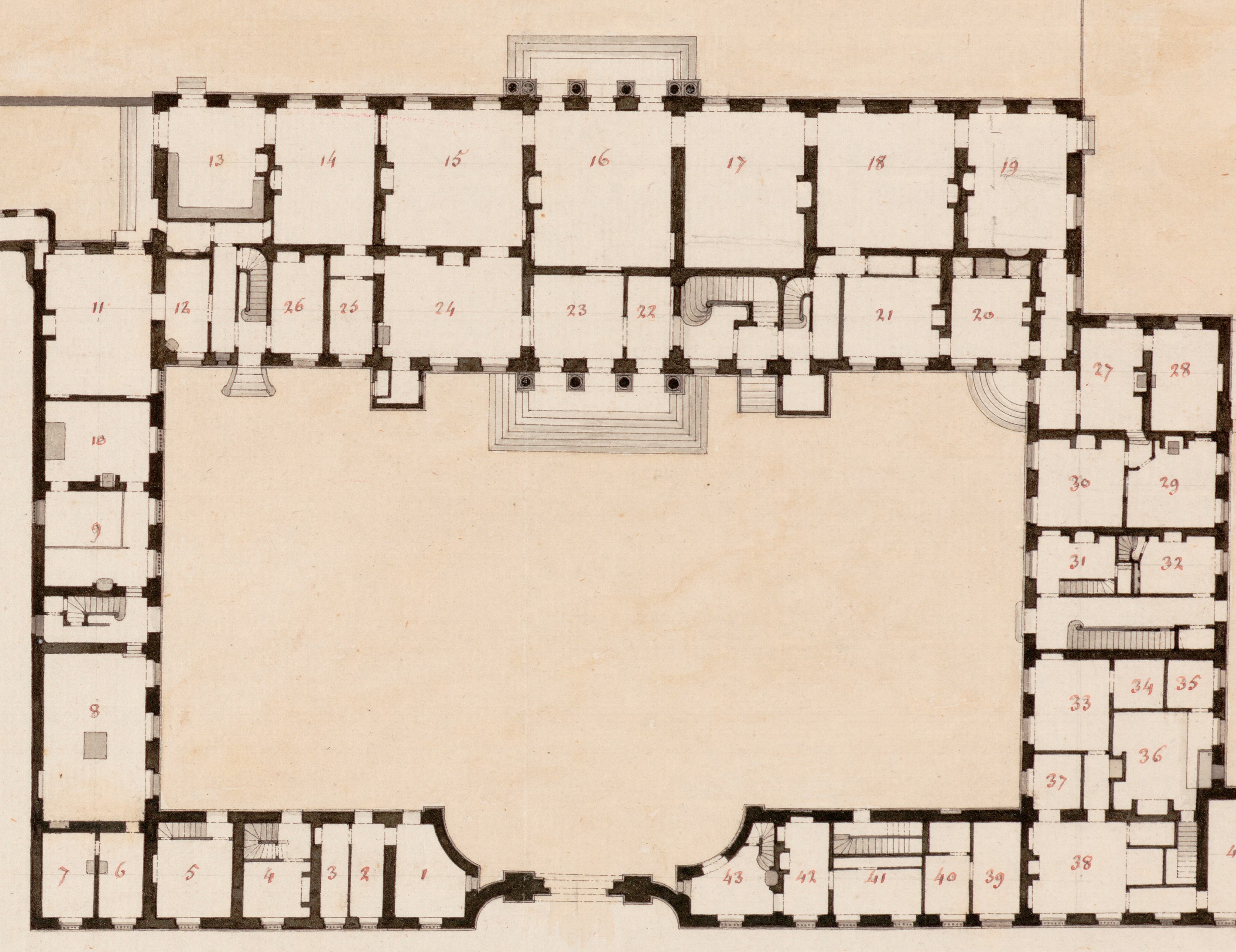 Extrait du plan du rez-de-chaussée de l’Hôtel de Conti, n°101 rue de Grenelle, destiné « à réunir toutes les Divisions des Bureaux du Ministre de l'Intérieur ».