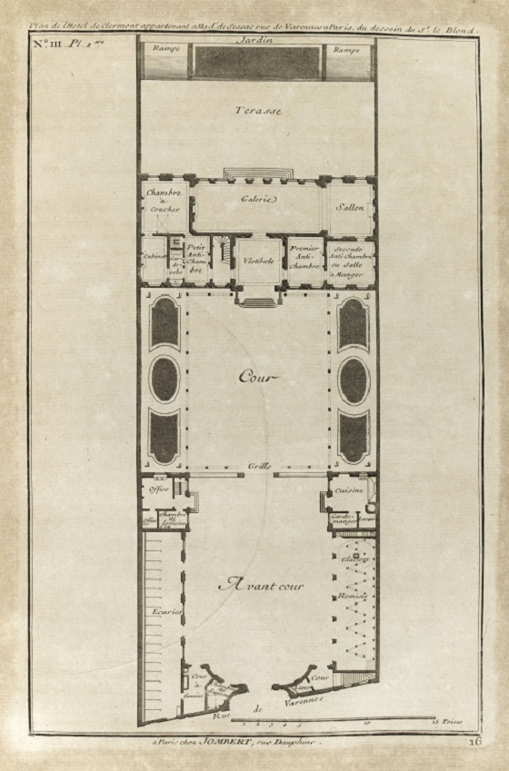 Plan du rez-de-chaussée de l’Hôtel de Clermont au XVIIIe siècle édité par Alexandre Le Blond et publié par Jacques François Blondel dans son ouvrage Architecture française, tome premier, édition 1752. Dessins de Blondel, gravure de Charles-Nicolas Cochin (1715-1790). Versailles, musée national du château.