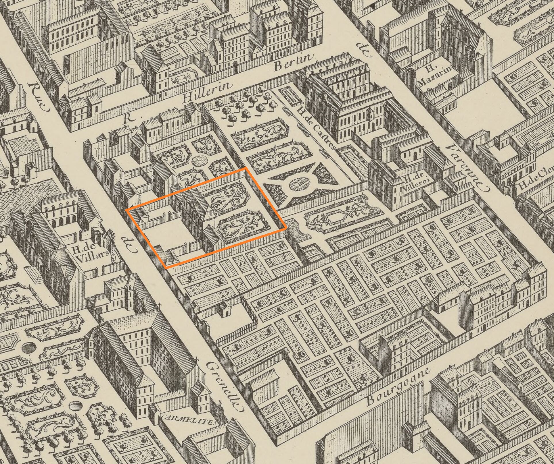 Plan de Turgot, 1710-1725 : vue sur l’hôtel de Rothelin et ses jardins